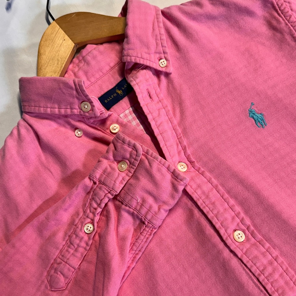 Ralph Lauren Mens Pink Linen Blend Button Down Shirt M Turquoise Pony Gingham